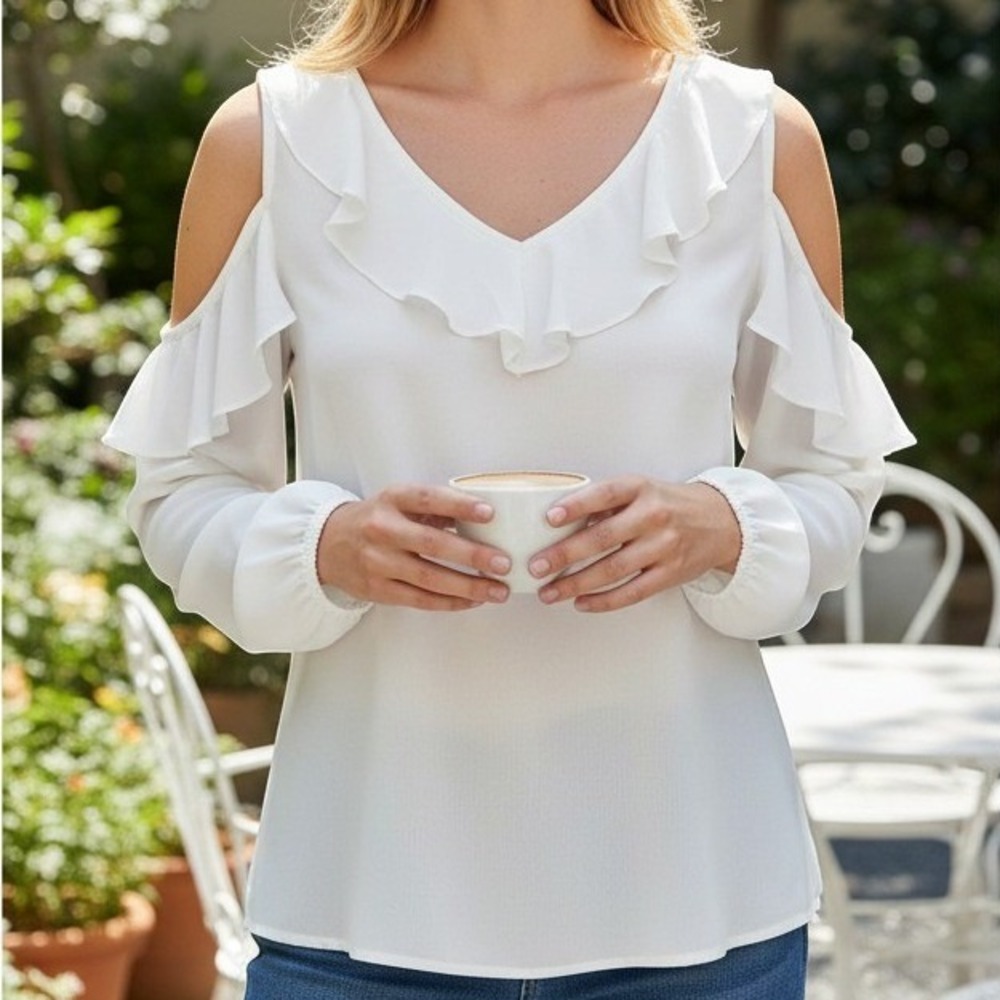 GB Gianni Bini Ivory Ruffle Cold Shoulder Blouse Tie Back Long Sleeve Medium NEW